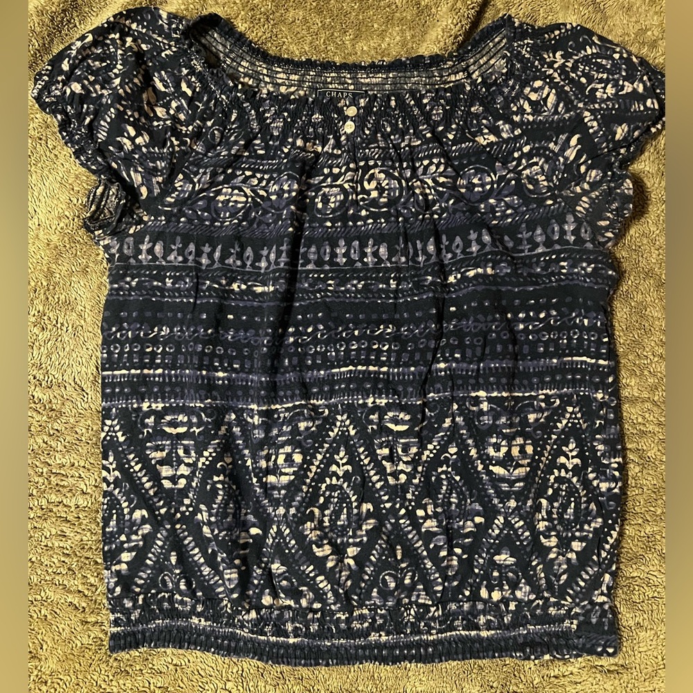 Chaps Blue Patterned Top with Smocked Hem